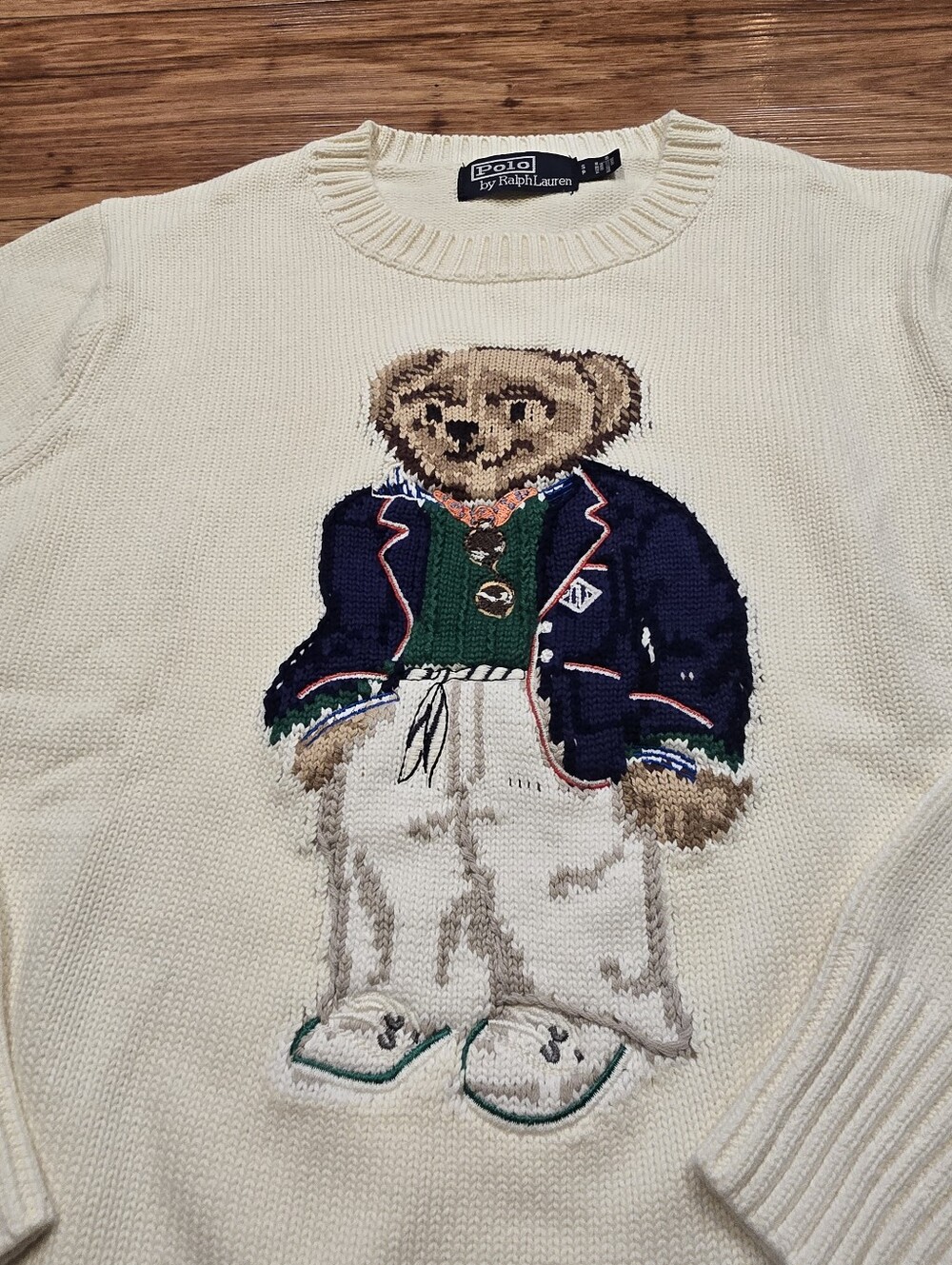 🐻 Polo Ralph Lauren Polo Bear Sweater Size Small Cream Knit Preppy Teddy RTR - Picture 8 of 13
